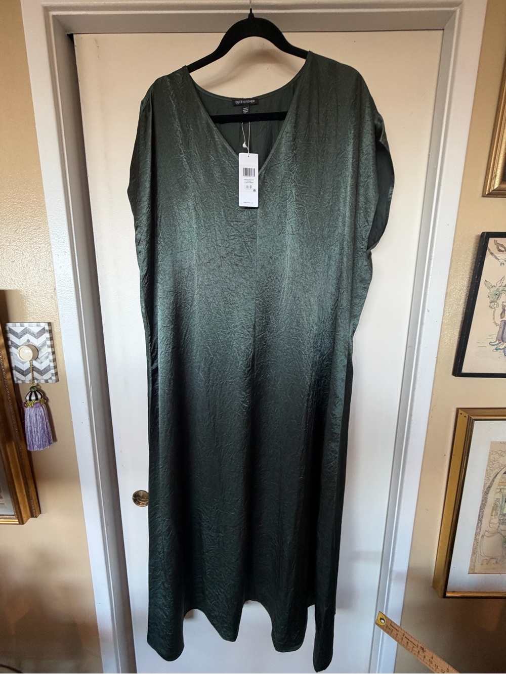 Eileen Fisher Olive Green V-Neck Satin Maxi Dress - Picture 6 of 7